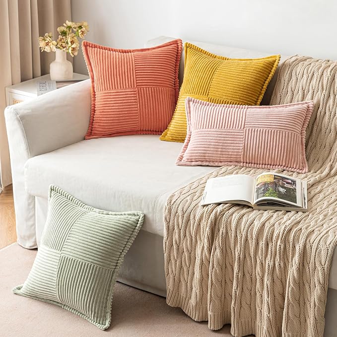 MIULEE Decorative Throw Pillow Covers for Couch Bed Livingroom 18x18 Inch Set of 2 Coral Red Boho Accent Throw Pllows Broadside Striped Patchwork Soft Corduroy Summer Pillowcases