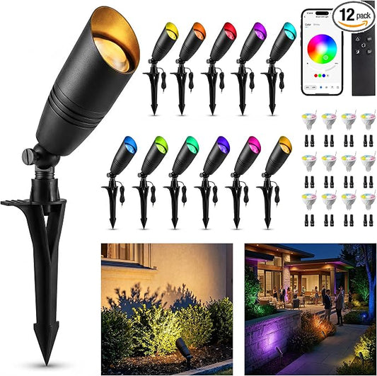 Smart RGBCW Landscape Lighting, 12V Low Voltage Outdoor Color Changing Spotlights, App & Remote Control, IP65 Waterproof, Replaceable MR16 Bulb for Garden, Pathway, Patio & Driveway, 12 Pack