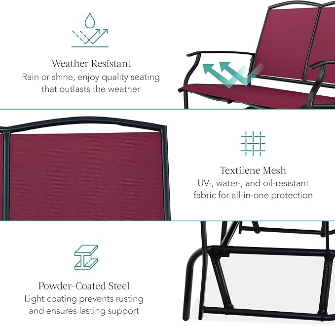 Best Choice Products 2-Person Outdoor Patio Swing Glider Steel Bench Loveseat Rocker for Deck, Porch w/Textilene Fabric, Steel Frame - Burgundy/Black