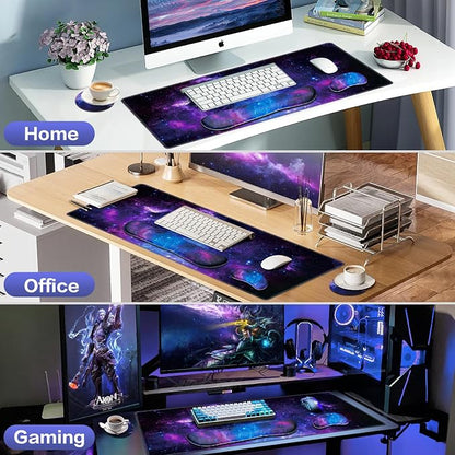 Mouse Pad Galaxy with Wrist Rest, 4-in-1 Large Mousepad+Keyboard Wrist Rest+Mouse Pad Wrist Support+Cup Pad Set,Ergonomic Mouse Pad,Anti-Slip,Memory Foam Desk Mat for Home Office Gaming(35.4×15.7in)