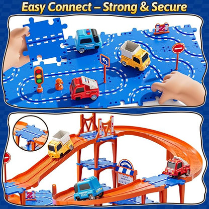 Puzzles Track Race Cars Toys for Kids Age 3-8 5-7, 4-Tier Race Track with 3 Cars, Toddler Educational Floor Puzzle Car Games Toys for Boys and Girls Toddlers, 3 4 5 6 7 8 Years Birthday Gift