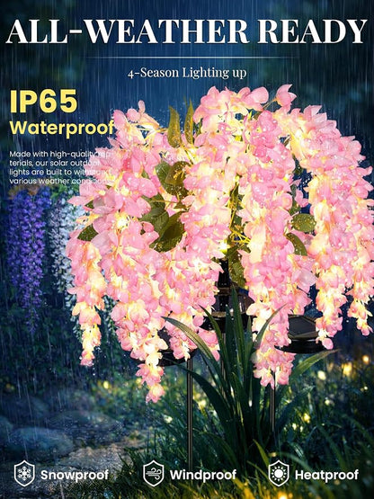 GIGALUMI Solar Lights Outdoor for Garden Decor, 2 Pack Solar Flower Lights Waterproof, 2 Lighting Modes Wisteria for Pathway,Yard, Patio Decoration, Gardening Gifts for Women (Pink)