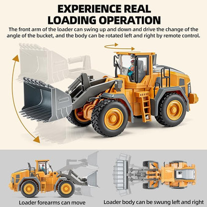 Metal RC Wheel Loader, 9-Channel Remote Control Construction Truck with Realistic Lights & Sounds, 1:20 Scale Rechargeable Engineering Toy for Boys Age 3-12, STEM Educational Gift