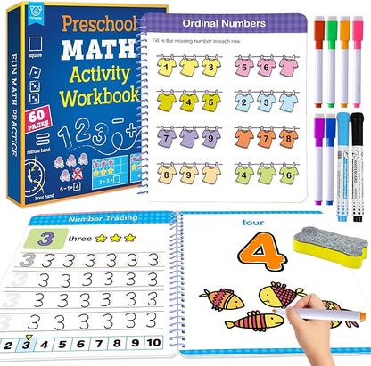 Preschool Learning Activities 60 Reusable Pages, Number Tracing Addition Subtraction Math Practice Kindergarten Workbook, Educational Fine Motor Toddler Learning Toys for 3 4 5 Year Olds