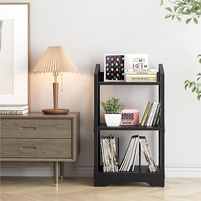 Vagusicc 3 Tier Bookshelf, Small Book Shelf Industrial Bookshelf, Wood Short Book Shelf Office Shelves with Metal Frame, Black Open Shelf Storage Organizer Bookcase for Living Room Bedroom, Black