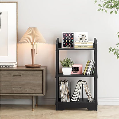 Vagusicc 3 Tier Bookshelf, Small Book Shelf Industrial Bookshelf, Wood Short Book Shelf Office Shelves with Metal Frame, Black Open Shelf Storage Organizer Bookcase for Living Room Bedroom, Black