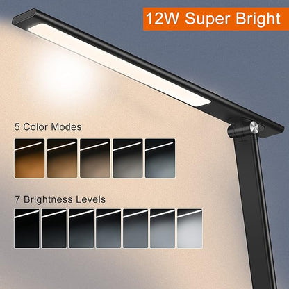 AFROG 5th Gen Multifunctional LED Desk Lamp with USB Charging Port,1800Lux Super Bright,5 Lighting Mode,7 Brightness, Touch Control, Auto Timer, 12W Office Table Lamp