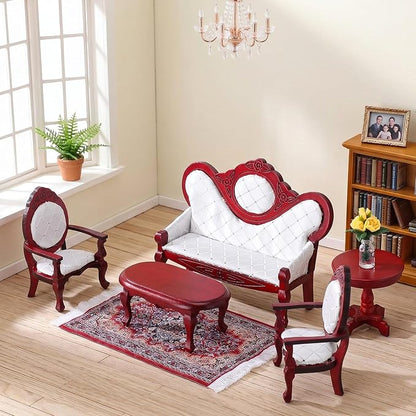 Skylety 7 Pcs Victorian Dollhouse Furniture Set 1: 12 Scale Wooden Mini House Living Room Furniture and Accessories, Sofa Table Chairs Vase for Adults Toys Gift Retro Miniature Doll House Accessories