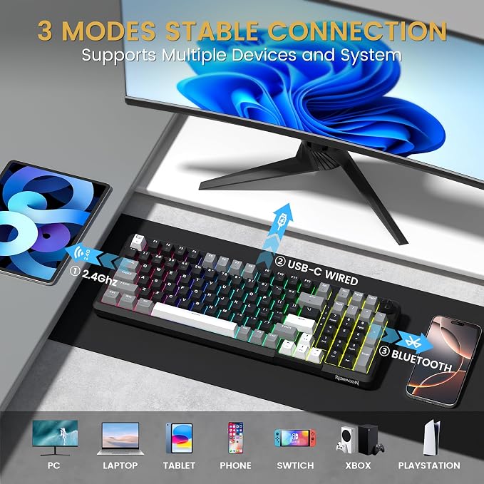 Redragon K742 Wireless Mechanical Gaming Keyboard with Knob for PC Computer | Bluetooth 5.0/2.4GHz/USB C Wireless Creamy Keyboard with Number Pad, RGB Backlits, Hot-Swappable with Linear Switches (Black)
