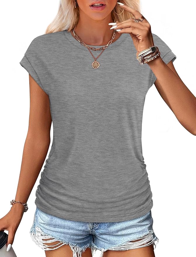 Sampeel Womens Summer Tops Trendy 2026 Ruched Cap Short Sleeve Tshirts Shirts Crew Neck T Shirts Fashion