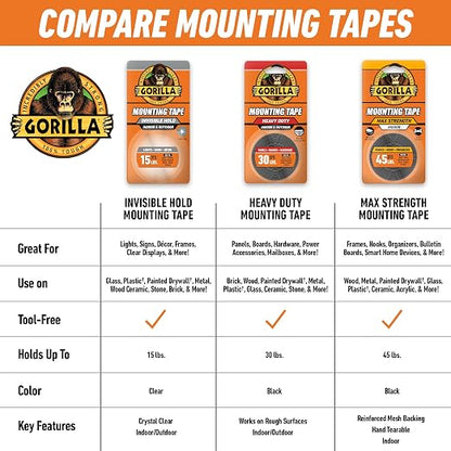 Gorilla Invisible Hold Mounting Tape, 1" x 150" (Pack of 4), Holds up to 15 lbs, Clear Double-Sided Tape for Strong, Permanent Bond, Discreet Adhesive for Classroom and Study Space Setup