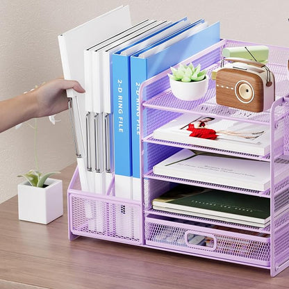 Marbrasse Desk Organizer with File Holder, 5-Tier Paper Letter Tray Organizer with Drawer and 2 Pen Holder, Mesh Desktop Organizer and Storage with Magazine Holder for Office Supplies(Purple)