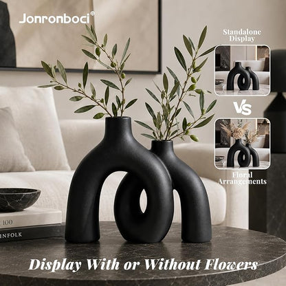 Matte Black Vase Set - Hug Hollow Donut Aesthetic Ceramic Vases Home Decor, Modern Nordic Minimalist Decorative Vase for Table Centerpiece Bookshelf Office Entryway Console Fireplace (Black)