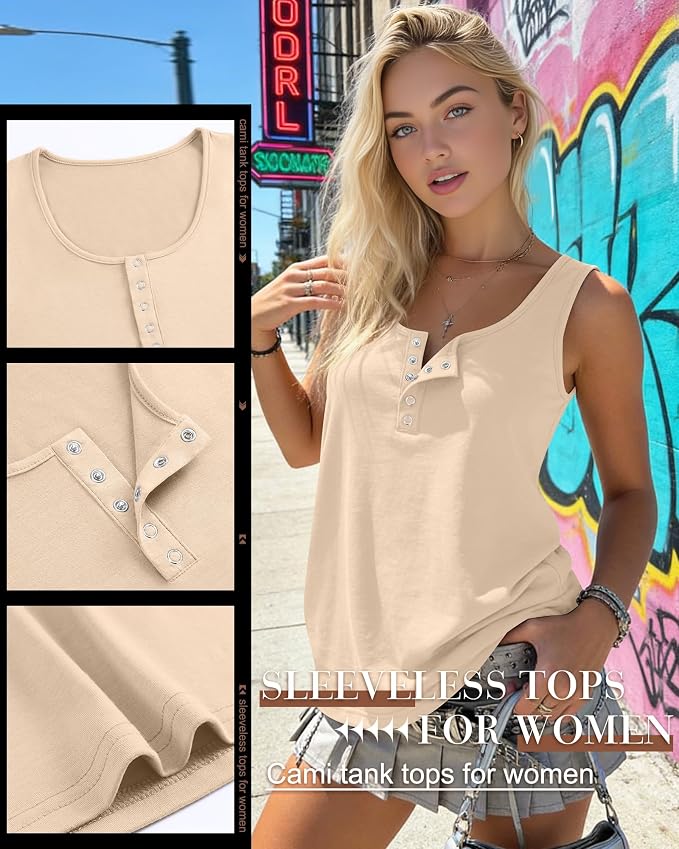 Ficerd 3 Pack Women's Henley Tank Tops Sleeveless Button Down Summer Shirts 2026 Casual Trendy Loose U Neck Tee Blouses