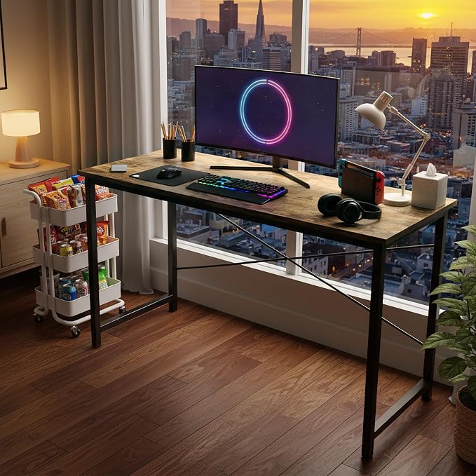 OLIXIS 55 Inch Computer Office Desk for Small Spaces, Writing Gaming Work Desk Modern Study Table with Storage Bag & Headphone Hook Home Bedroom, Rustic Brown | Gaming Work Writing Workstation, Home Office, Bedroom, Sturdy Design, Rustic Brown