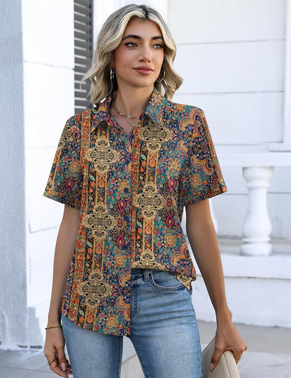Zeagoo Button Down Shirts for Women Short Sleeve Collared Tops Dressy Casual V Neck Blouses