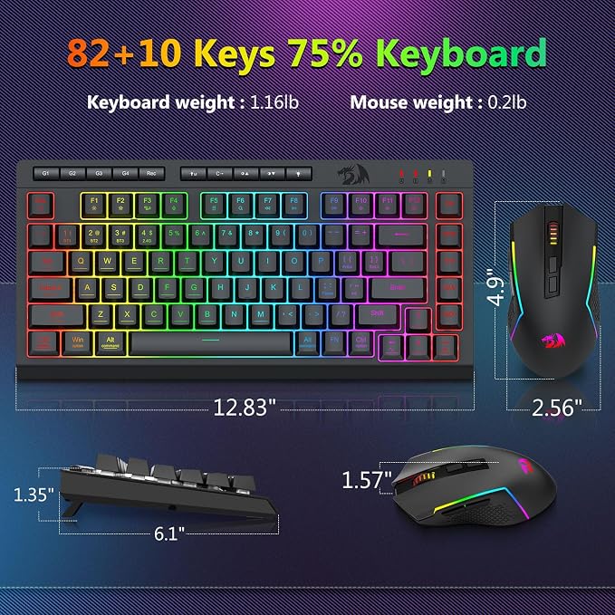 Redragon Wireless Gaming Keyboard and Mouse Combo, 75% Portable, Black | Bluetooth/2.4G/USB-C Wired, RGB Backlit, Quiet Rechargeable Macro Membrane Keyboard & 12800 DPI Mouse for Win/MAC