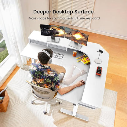 ErGear 65'' L Shaped Standing Desk for Gaming, [3 Drawers & 2 Cable Management Trays] Corner Stand up Desk [Compatible w/C-Clamp Mount] Height Adjustable for Home Office, White