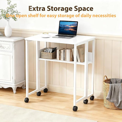 Folding Desk Small Rolling Desk with Storage Shelf,24.8 Inch Foldable Computer Table with Wheels,Portable Office Desk for Small Space Sofa Table,Easy to Fold,Writing Work Office Computer Desk,White