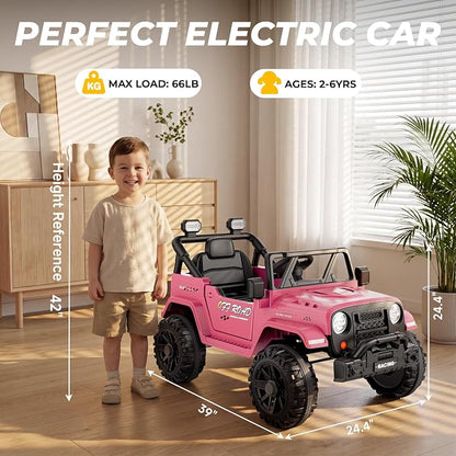 ARBELI 12V Ride On Truck Car with Remote Control, Kids Electric Vehicles with Bluetooth Music, Horn, 3 Speeds, 4 LED Lights, Soft Start, Ride on Toys for Toddler Boys & Girls, Pink