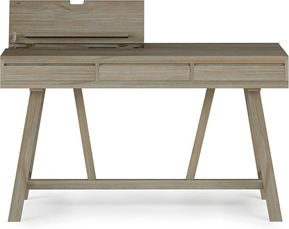 SIMPLIHOME Bowman SOLID WOOD Modern Industrial 54 Inch Wide Flip Up Desk in Distressed Grey, For the Office Desk, Writing Table, Workstation and Study Table