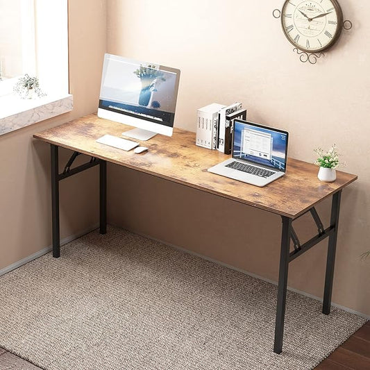 SogesGame Computer Desk, 62 Inch Large Desk Modern Simple Style Folding Tables, Home Office Writing Desk, Space Saving Foldable Table, No Install Needed, Retro Black