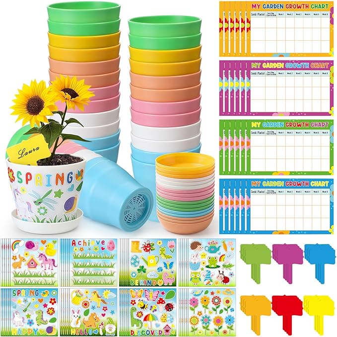 Capoda 48 Sets Garden Flower Pots Crafts Kit DIY Spring Plastic Seedling Nursery Pots with Stickers Plant Labels Growth Charts Planting Growing Tools Classroom Activities Project Gifts (Colorful)