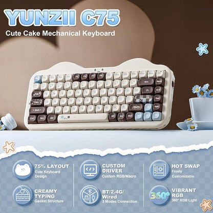 YUNZII C75 Cute 75% Wireless Mechanical Keyboard (Choco, Candy Switch) | Creamy Cake Keyboard, BT5.0/2.4G/USB-C, Hot-Swap, NKRO, PBT MOA Keycaps,5500mAh RGB Gasket Mount for Mac/Win/Gaming/Office