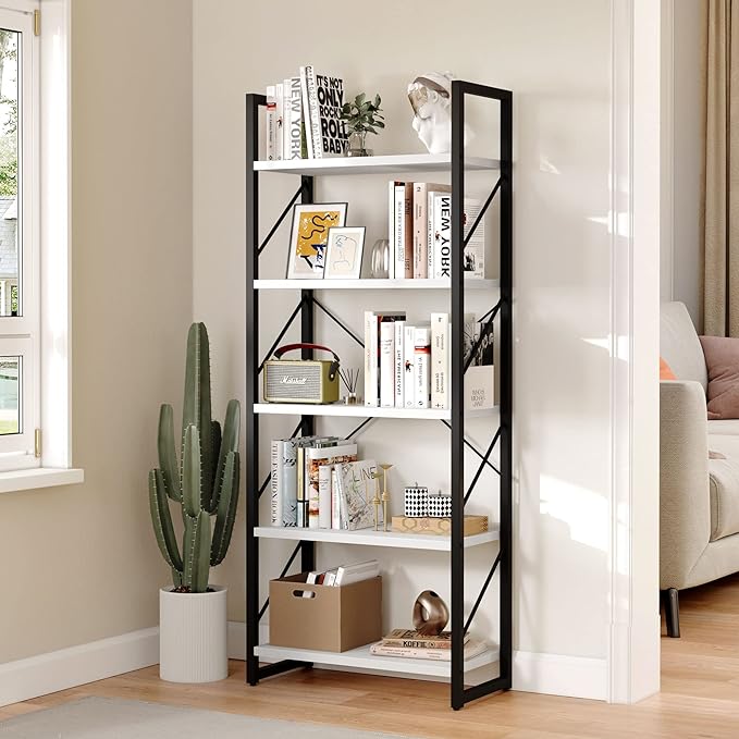YITAHOME 5-Tier Bookshelf, Freestanding Black and White Book Shelf, Modern Minimalist Open Display Storage Book Shelves Standing Shelving Unit for Living Room Bedroom Home Office, White