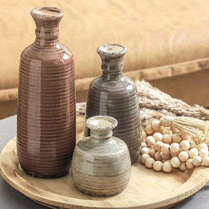 Ceramic Vases Set of 3, Neutral Rustic Farmhouse Vases Home Decor Decorative Flower Vase Modern Boho Pampass Vase for Table Mantel Entryway Shelf Living Room Kitchen Bathroom - Brown