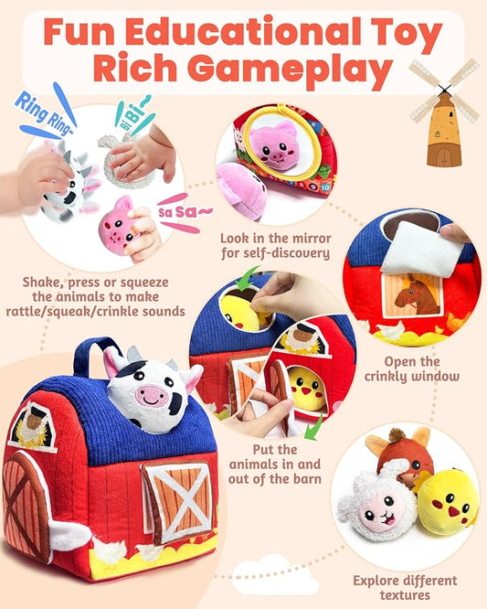 Baby Toys 6-12 Months - Infant Barn Toy with Stuffed Farm Animals, Rattle, Crinkle, Squeak, Mirror - Montessori Sensory Toys for 6 7 8 9 10 12 Month Old Babies, 1 Year Old Baby Boy Girl Gifts