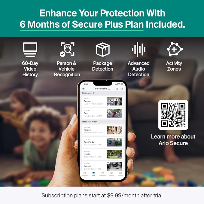 Arlo Essential Security Camera 2K (2025 Release) + 6 Months of Secure Plus Plan - Continuous Wired Plug-in Power Outdoor Camera, Person Recognition, Package Detection, Animated Preview, 2 Cam, Black