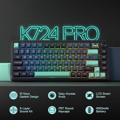 Redragon K724 PRO Wireless 81-Key Gasket Gaming Keyboard, TFT Screen & Knob | Easy-Control LED Info Display, 0-Delay Tri-Mode, Cushioned 5-Layer Noise Dampening for Creamy Thocky Sound, Compact 80% Size