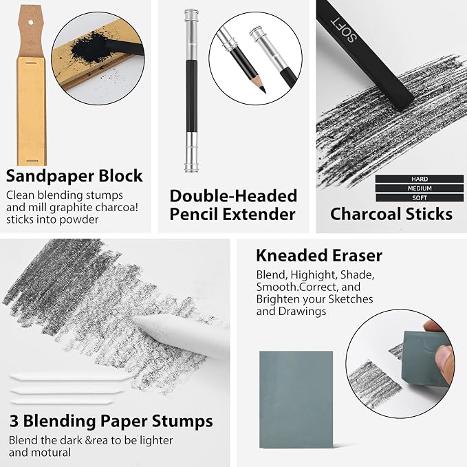 GETHPEN Sketch Pencils for Drawing,34 Pcs,Graphite Pencil (14B-4H), Charcoal Pencil,With Graphite Sticks, Erasers and Sharpener, Art Pencils for Sketching,Artist Set for Beginners and Professionals