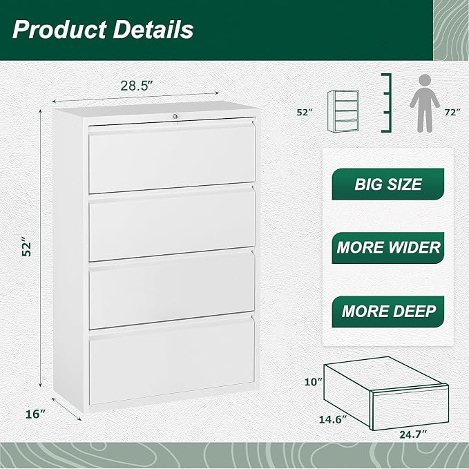 Superday Lateral File Cabinet 4 Drawer, Filing Cabinets with Lock, Large Deep Locking Metal File Cabinets Two Drawer Filing Cabinet for Home Office/Legal/Letter/A4/F4(White)