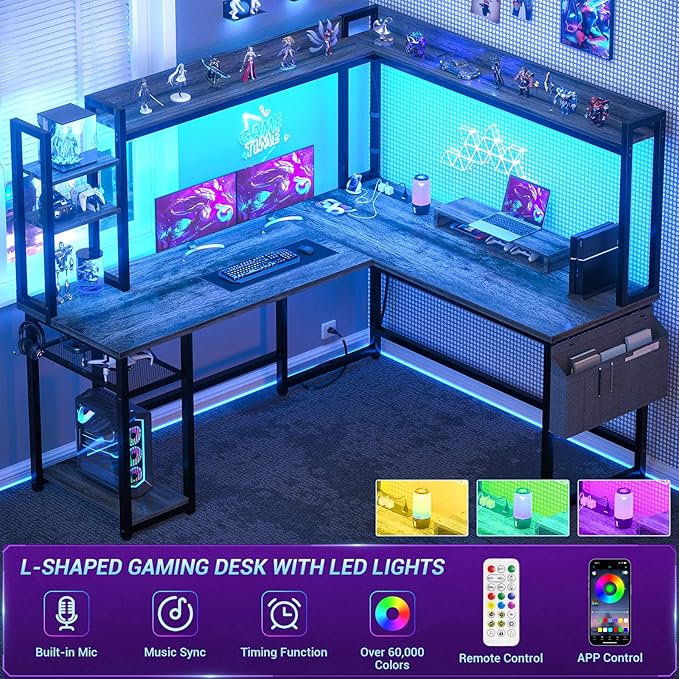 Aheaplus L Shaped Desk with Power Outlet, L Shaped Gaming Desk with Led Light & Hutch, Reversible Home Office Desk, Corner Computer Desk Writing Desk with Monitor Stand & Storage Shelves, Grey Oak
