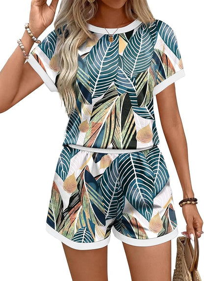 WIHOLL Two Piece Sets for Women Summer Lounge Short Sets Cap Sleeve Crew Neck Sweatsuit with Pocket XS-2XL