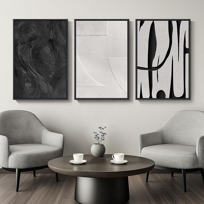 Large Framed Black and White Abstract Wall Art for Living Room, 3 Piece Canvas Prints Paintings Artwork for Walls, Modern Minimalist Pictures for Hallway Stair Office Wall Decor -Total Size 30x60 Inch