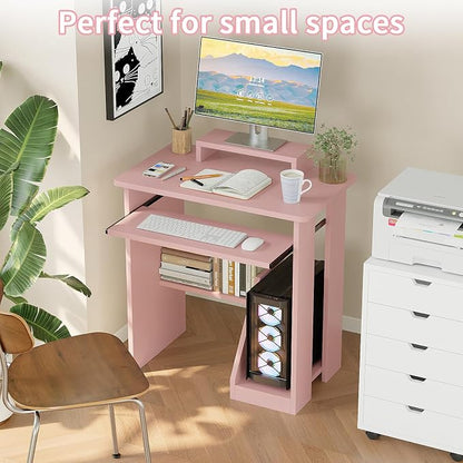 ALISENED 30 Inch Computer Desk, with Keyboard Tray & Monitor Stand | Compact Desk for Space-Saving, Ergonomic Study Desk with Storage Shelves for Writing, Gaming, Working, Pink