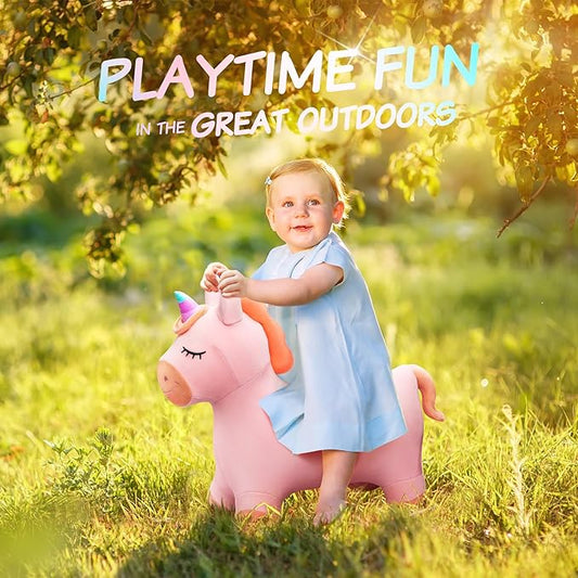 Bouncy Hopper Horse Unicorn Toys, Inflatable Bouncing Animal Hopping Toys, Outdoor Indoor Ride on Bouncer, Boys Girls Birthday Gift for 18 Month 2 3 4 5 6 Year Old Kid- Plush Unicorn Toy