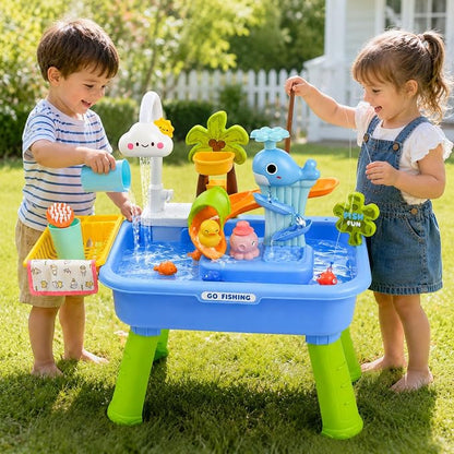 2026 Upgraded Toddler Sand Water Table Toy with Electric Water Pump, Kids Sand Water with Faucet/Play Food Accessories/Fishing Toy, Kitchen Play Sink Toys for Girl Boy Age 3+ (Blue)
