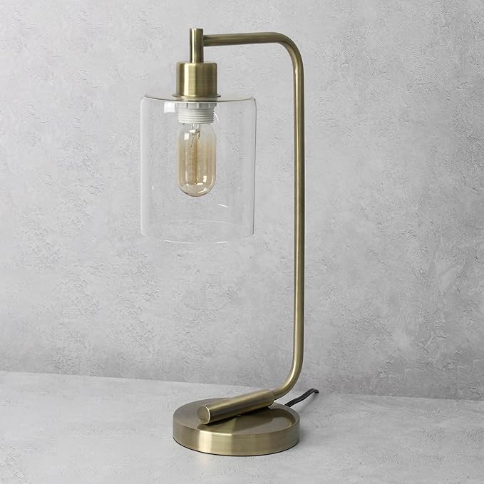 Simple Designs LD1036-ABS-LB 18.8" Industrial Bronson Antique Style Iron Lantern Desk Table Lamp with Glass Shade for Office, Living Room, Bedroom, Antique Brass, with Feit LED Bulb Included