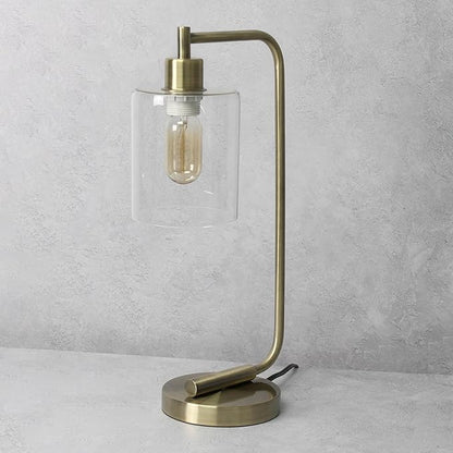 Simple Designs LD1036-ABS-LB 18.8" Industrial Bronson Antique Style Iron Lantern Desk Table Lamp with Glass Shade for Office, Living Room, Bedroom, Antique Brass, with Feit LED Bulb Included