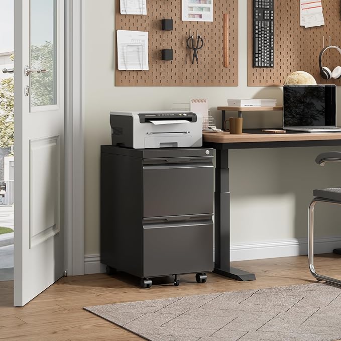2 Drawer File Cabinet with Lock,Under Desk Storage Metal Filing Cabinet for Legal/Letter/A4 File,Mobile Rolling for Home Office -Black
