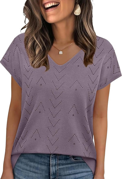 WIHOLL Short Sleeve Sweater for Women V Neck Trendy Cute Tops Business Casual Outfits Cap Sleeve
