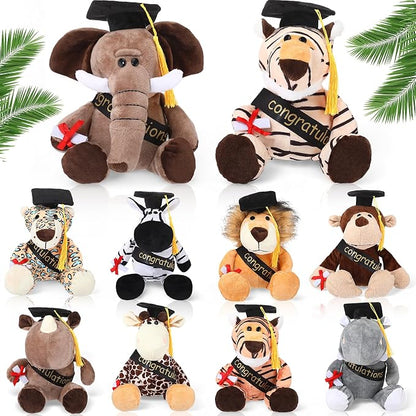 HyDren 10 Pieces 9 Inches Graduation Safari Stuffed Animals Set Plush Safari Stuffed Animal Elephant Giraffe Lion Tiger Monkey Rhinoceros Zebra Leopard Hippo for 2026 Graduation Party Favors Gifts