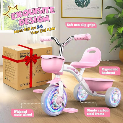 Kkdi Toddler Tricycle for 1-3 3-5 Year Olds, 2 3 4 5 Year Old Girl Birthday Gifts, Pink Toddler Baby Bike, 4-Level Adjustable Seat, 3 Color Light Wheels, 2 Baskets, Outdoor Riding Toys for Ages 2-4
