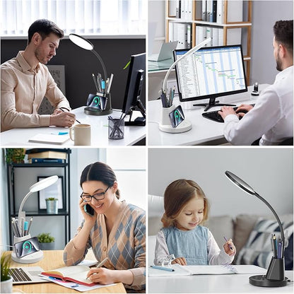 comzler LED Desk Lamp with Wireless Charger Pen Phone Holder, Black Desk Lamp for Home Office, Dimmable Desk Light 3 Color Modes, College Dorm Study Lamp for College Dorm, CRI 90 800 Lumen