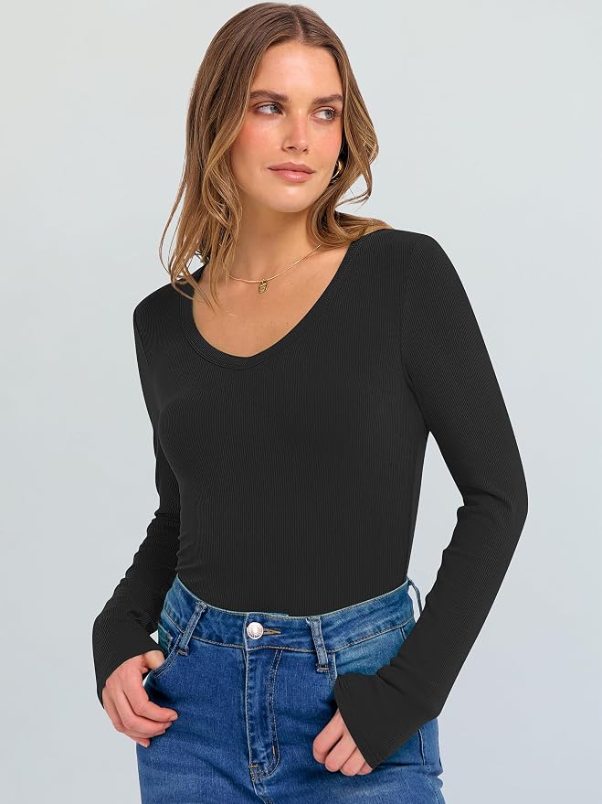 ANRABESS Long Sleeve V Neck Shirts for Women | Soft Comfy Ribbed Knit Fitted Tshirts, Casual Going Out Tops, 2026 Trendy Basic, Fall Winter Underscrub Layering Clothes