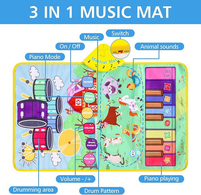 Musical Farm Animals Sounds Piano Mat for Kids, Educational Learning Toy | Sensory Interactive Floor Touch Play Mat with Drumset Dancing Keyboard Carpet for 3-12 Year Old Boy Girl Gifts